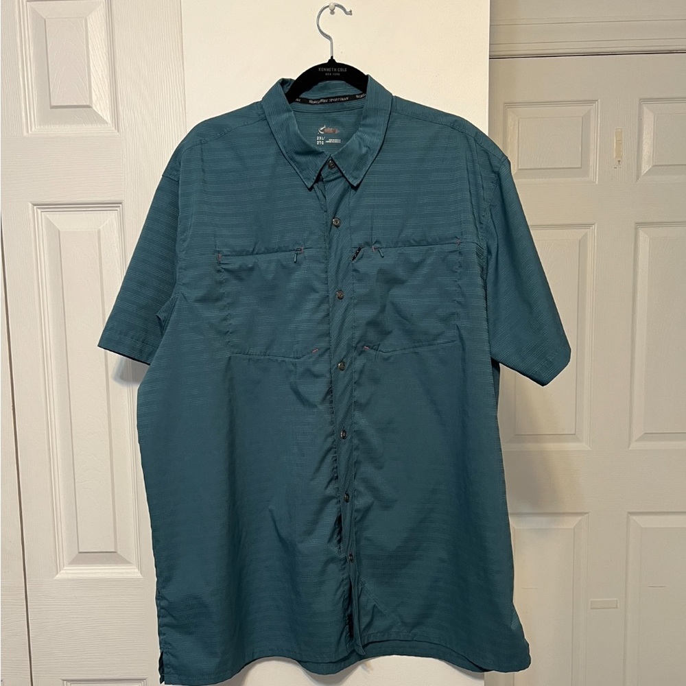 World Wide Sportsman Short Sleeve Fishing UPF 30 Zipper Front Pockets Blue XXL